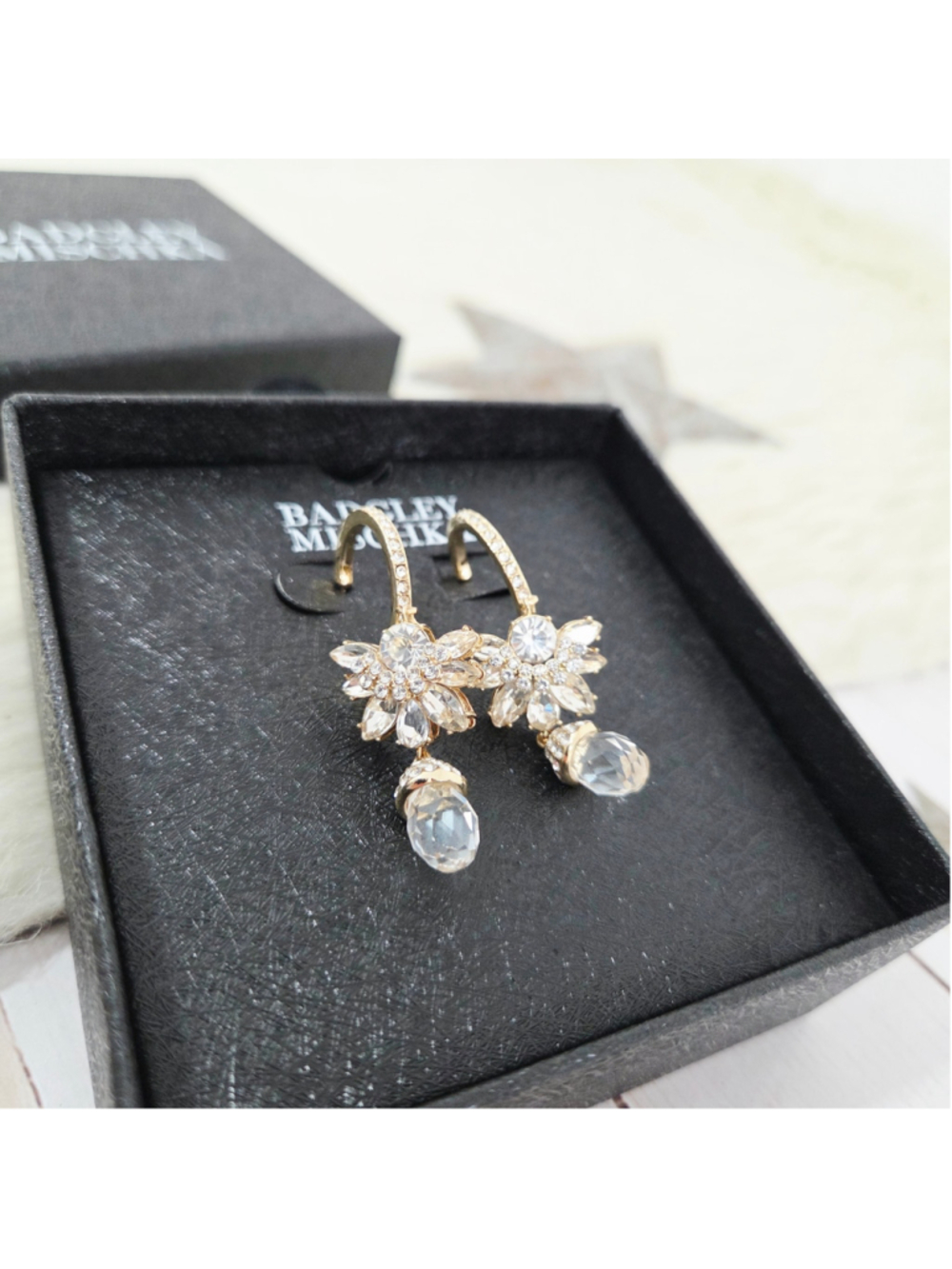 Badgley Mischka crystal floral cluster drop earrings gold dangle new NWT - Picture 3 of 5